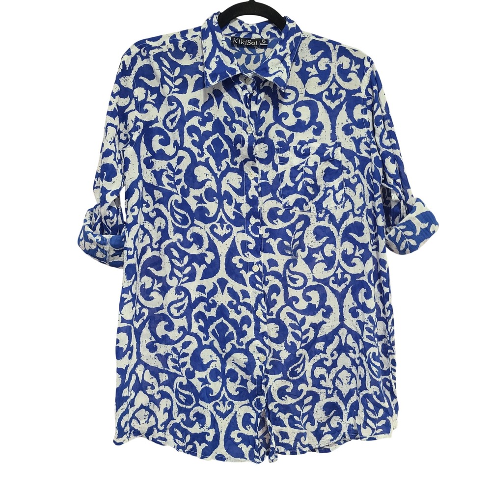 KikiSol Blue White Damask Scroll Print Cotton Roll Tab Button Down Shirt Small